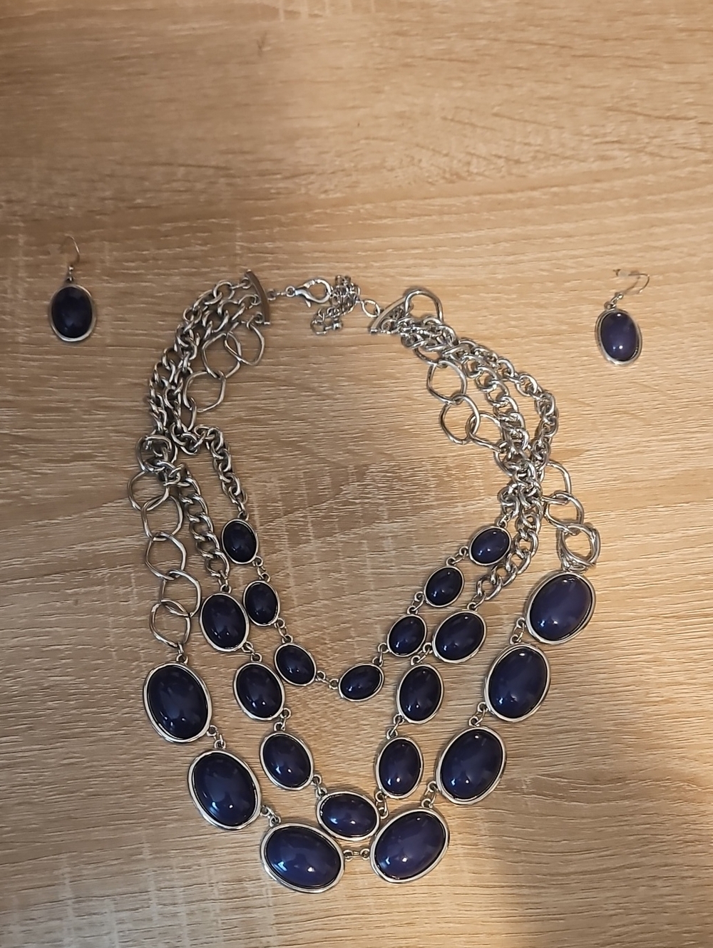 Multi-Strand Navy Oval Stone Necklace and Earring Set